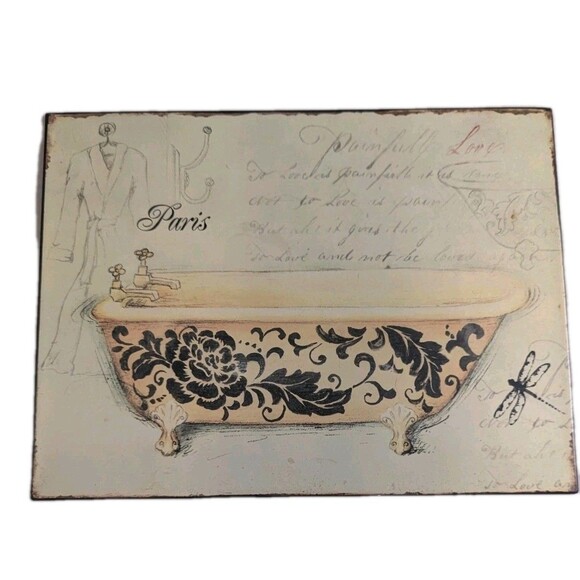 Other - Vintage Paris Metal Sign Clawfoot Bathtub Floral Dragonfly Wall Art Bath Decor